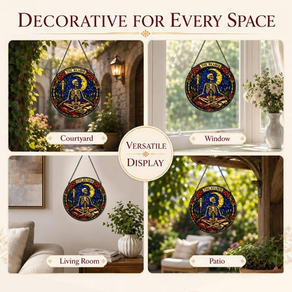 365RUSTIC The Reader Skeleton Suncatcher Stained Glass Window Hanging Gothic Tarot Wall Art Skull Gifts for Adults, Dark Humor Horror Book Lover Gift Moon Skeleton Decor Birthday for Women 7.8 in
