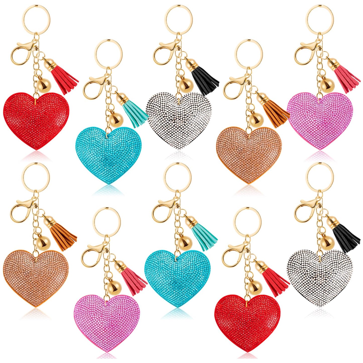 10 PCS Glitter Crystal Heart Rhinestone Keychain, Heart Shape Rhinestone Tassel Keychains for Handbags, Bling Key Chain for Women and Girls