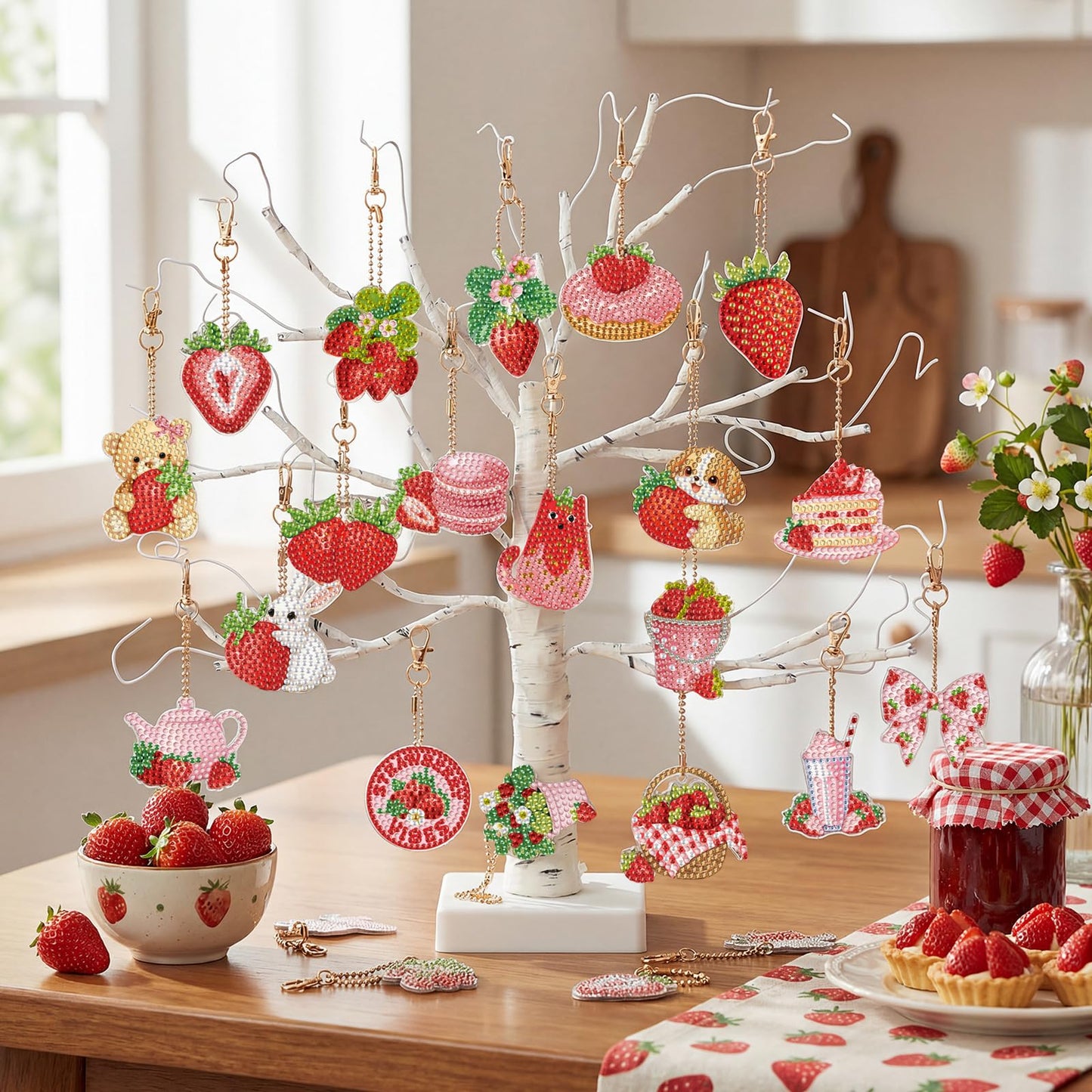 Huquary 30 Pcs Diamond Painting Keychains Strawberry Diamond Art Berry Party Crafts Favor 5d Double Sided Keychains for Adult Beginner DIY Crafts Party Gift