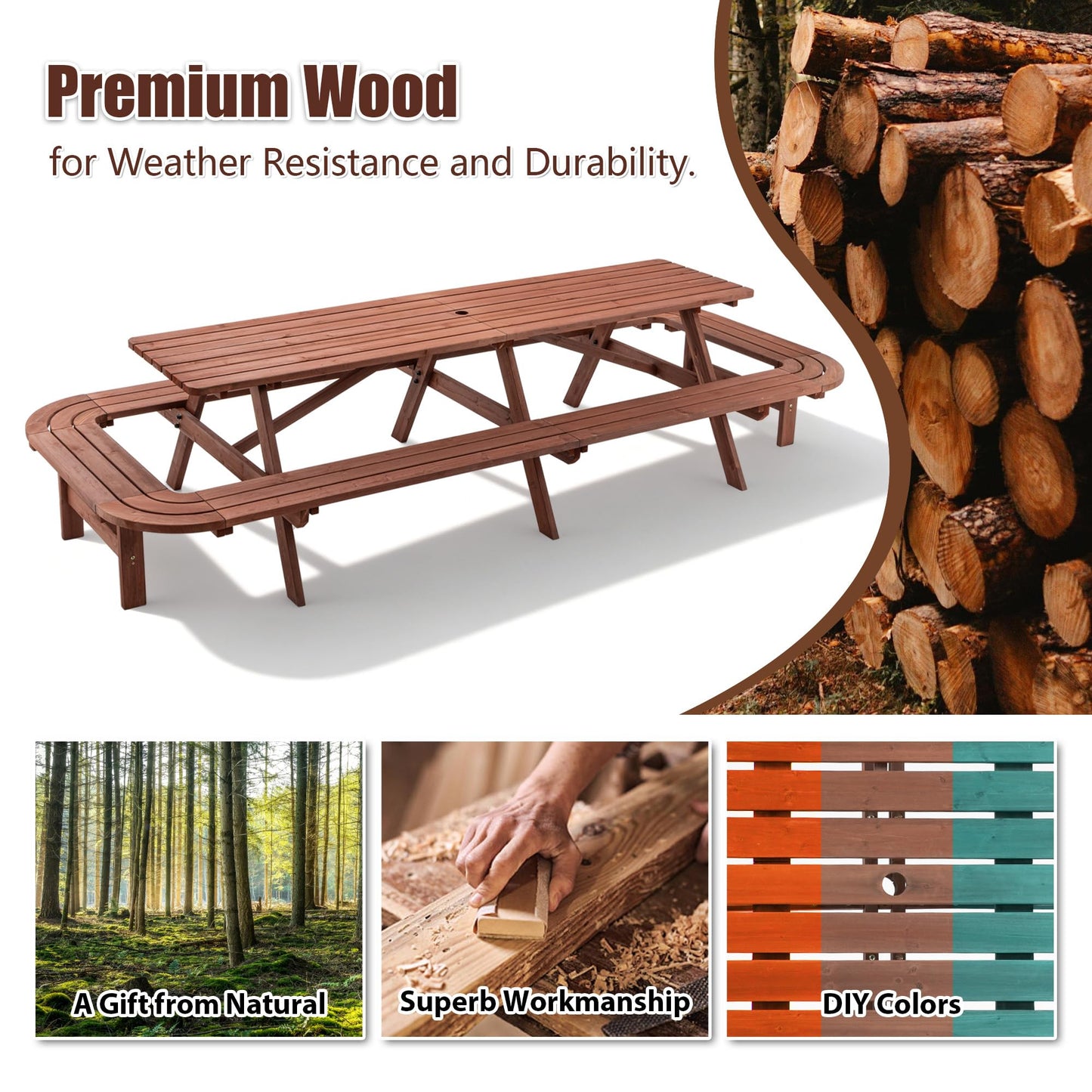 Voryvans 16 Person Wood Picnic Table with Attached Benches & Umbrella Hole,Rectangle Brown Outdoor Wooden Dining Table & Chairs for Patio Yard Garden Porch Deck