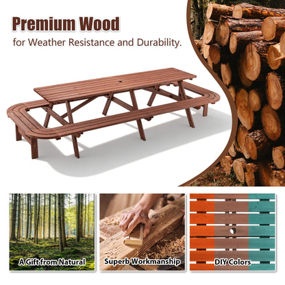 Voryvans 16 Person Wood Picnic Table with Attached Benches & Umbrella Hole,Rectangle Brown Outdoor Wooden Dining Table & Chairs for Patio Yard Garden Porch Deck