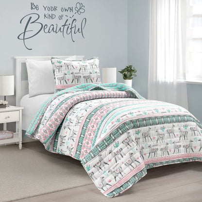 Lush Decor Boho Llama Reversible Oversized 2 Piece Quilt Set, Twin, Pink & Aqua