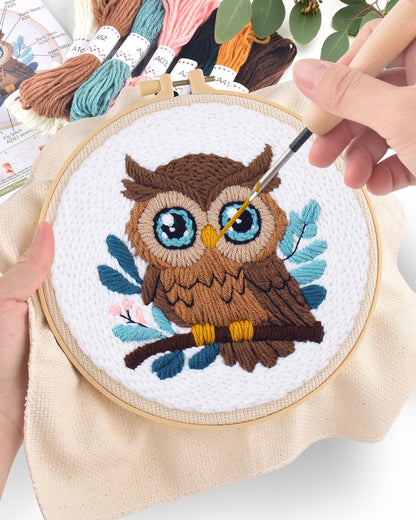 ERKOON Punch Needle Kit for Beginners Adults, DIY Easy Animal Embroidery Set for Starter Art Craft, Needling Punch Project with Patterns, Tools, Yarns, Hoop, Instruction (Owl)