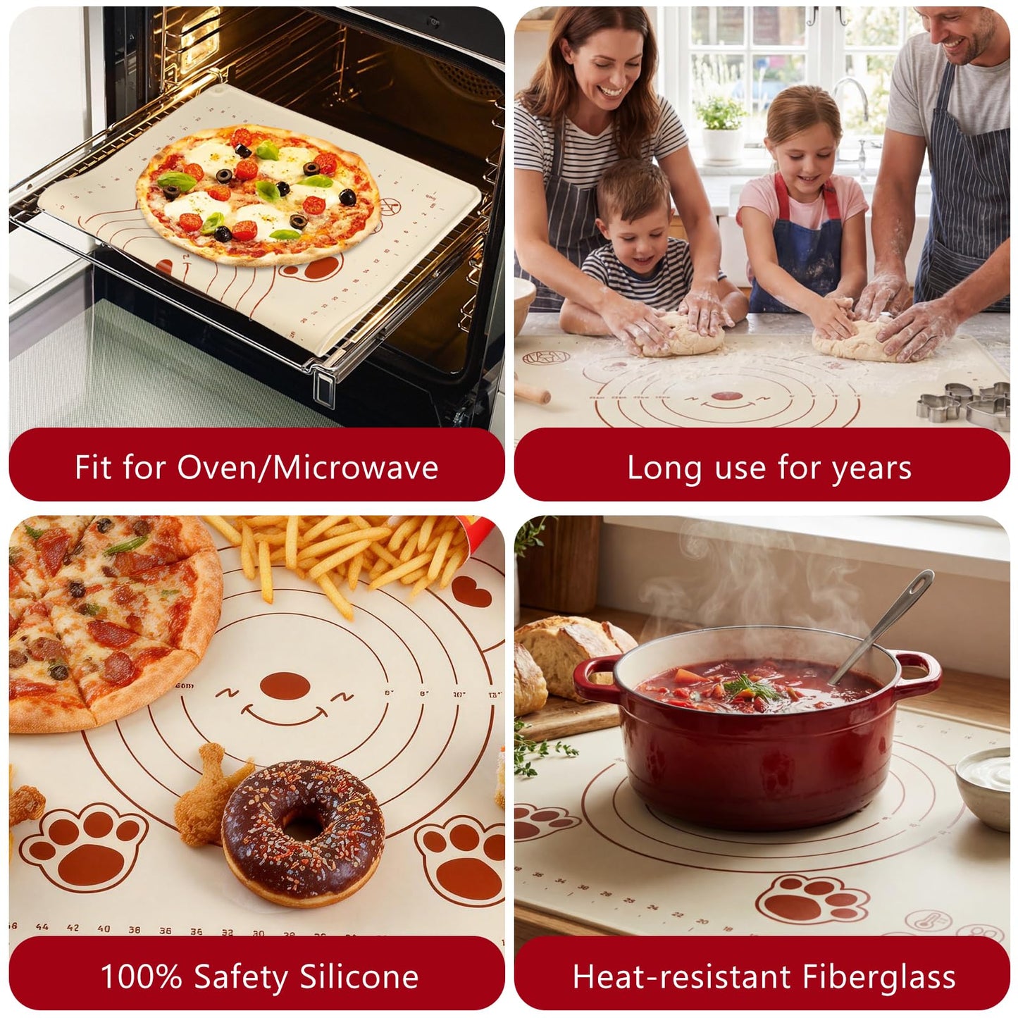 Silicone Baking Mat 28" x 20", Extra Thick Food Grade Liquid Silicone Non-Stick Dough & Pastry Rolling Mat with Measurements, Raised Edge, Reusable & Heat Resistant for Bread, Cookies, Pizza, Fondant