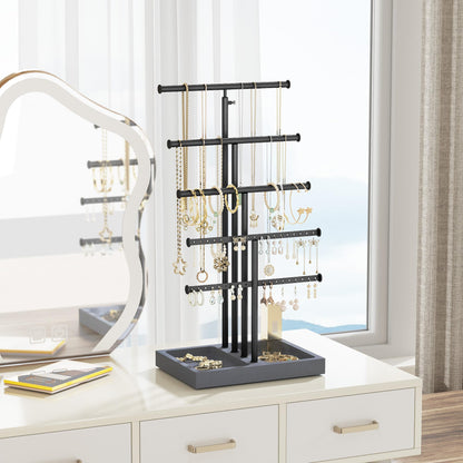 Love-KANKEI Jewelry Organizer Stand, 5 Tier Large Necklace Holder with Wood Base, Jewelry holder stand Tree for Display, Bracelets Earrings Rings, Height Adjustable Gift Weathered Grey
