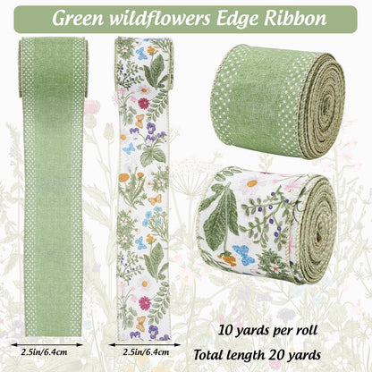 JarThenaAMCS Green Wildflowers Wired Edge Ribbon Retro Wild Floral Craft Ribbon Summer Fabric Ribbon for Spring Wreath Bow Making DIY Wrapping Party Decor Supplies, 2 Rolls, 20 Yard