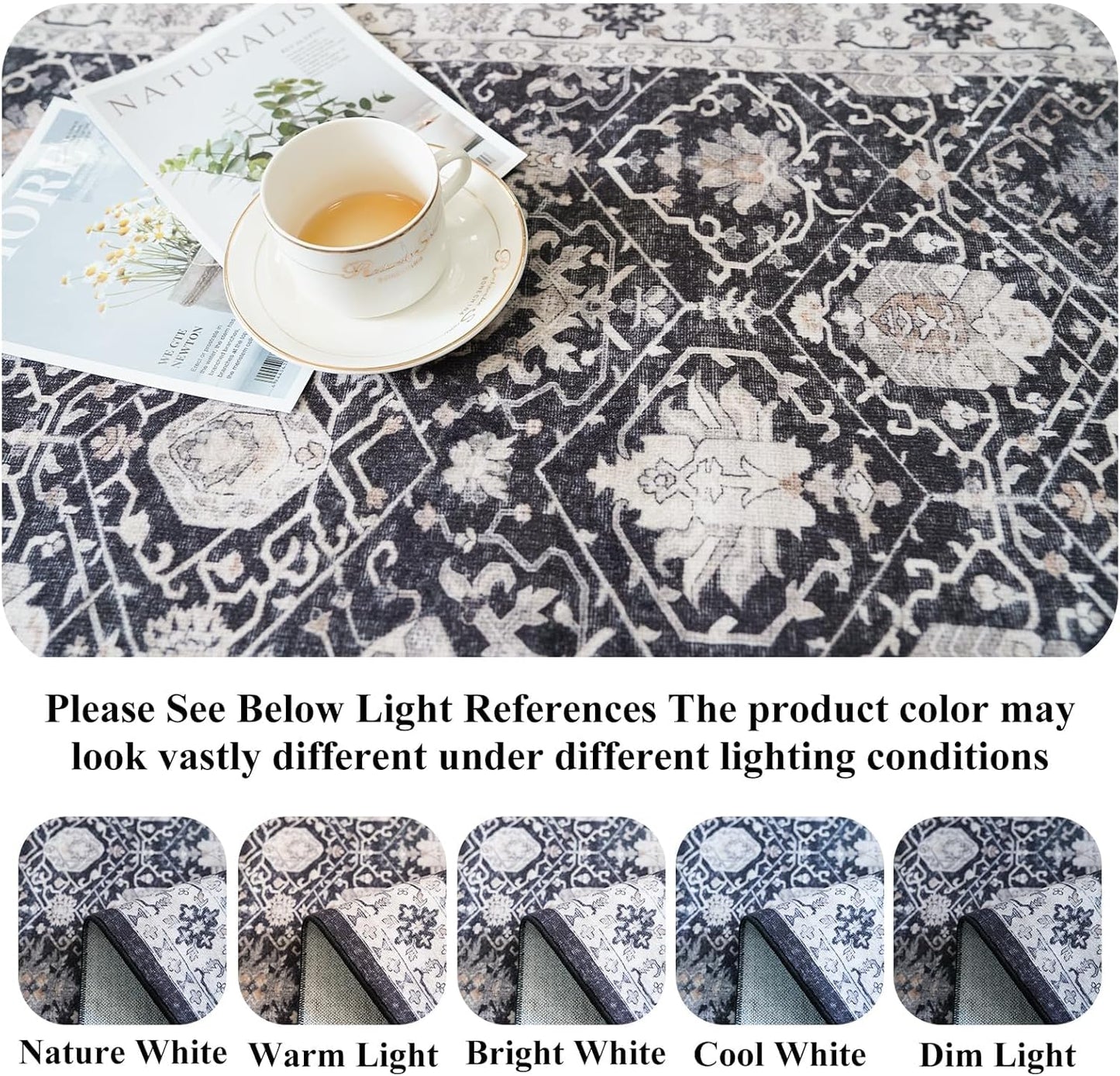 Skiennix 4x6 Living Room Area Rug - Washable Non-Slip Boho Design | Low Pile Neutral Carpet for Kids Room, Office, Kitchen