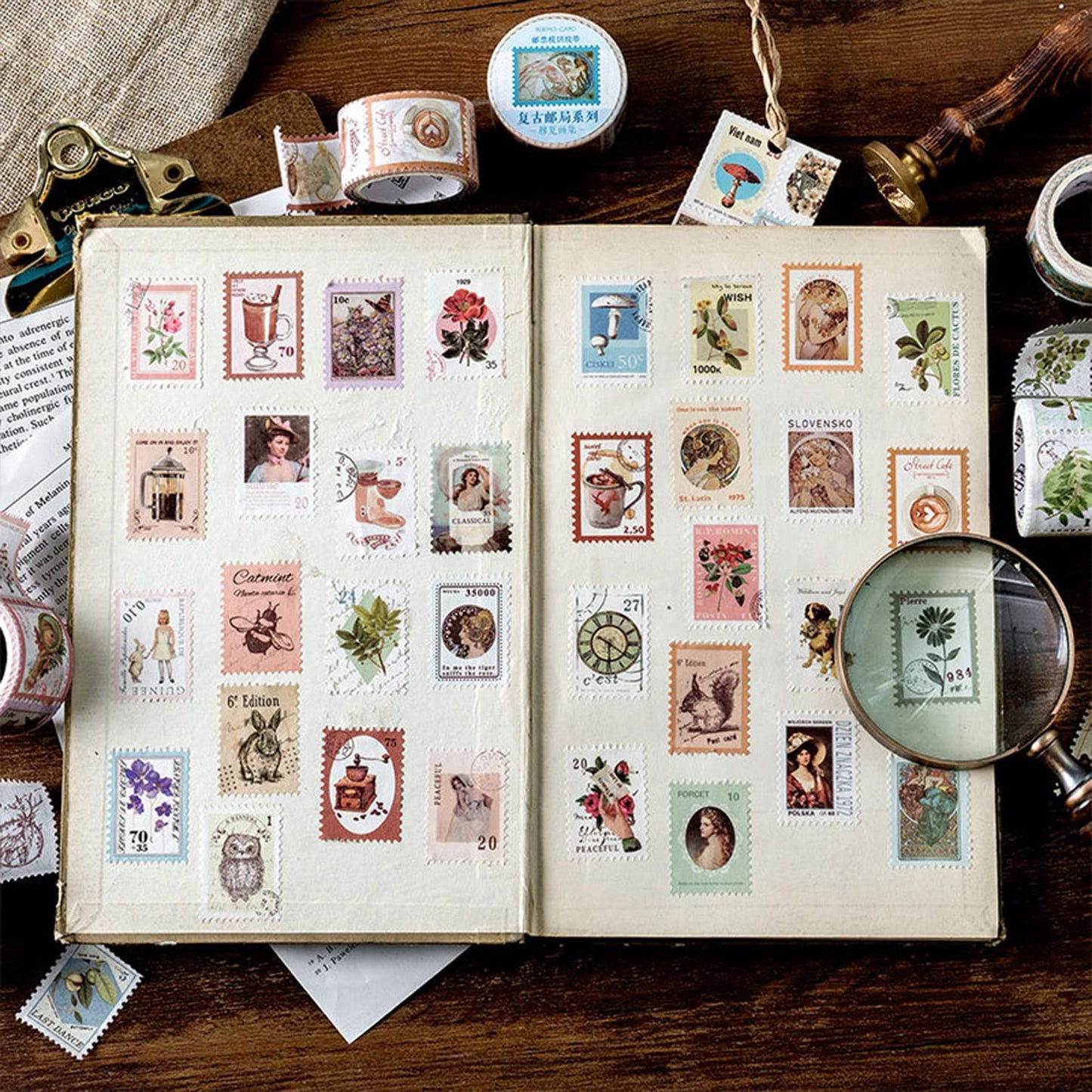 BLEDS 400PCS Vintage Journaling Supplies Pack, Scrapbook Supplies Scrapbook Paper Kit Aesthetic Scrapbook Paper Set Postage Journaling Stamp Stickers for Junk Journals Planner Retro Craft