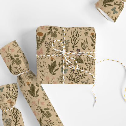 JarThenaAMCS Vintage Wildflower Kraft Wrapping Paper -Mini Roll- 17In x 32.8Ft Green Brown Floral Gift Wrap Paper Craft Paper for Spring Birthday Wedding Bridal Baby Shower Party Packing Supplies