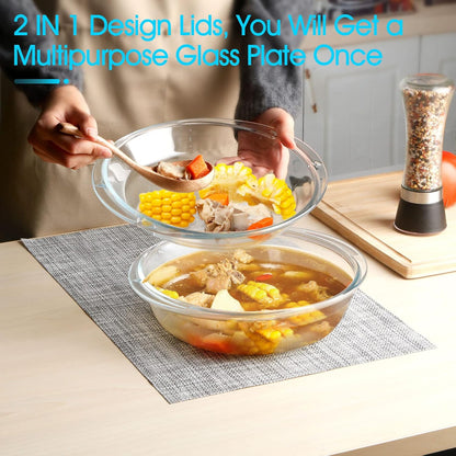 Mini 9 Inch Round Glass Casserole Dish with Glass Lid, Oven Safe Bakeware with Handles (1.9 QT)
