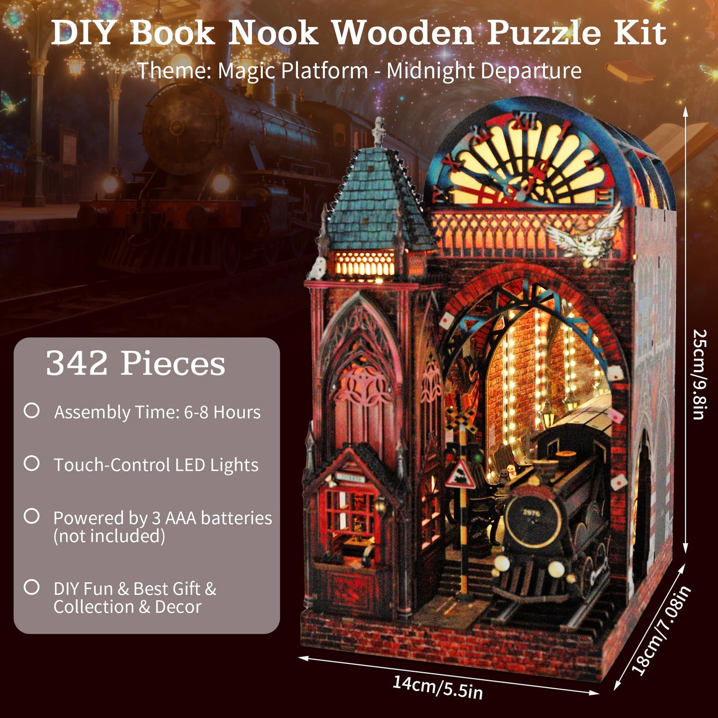 Magic Platform DIY Book Nook Kit Interactive 3D Wood Puzzle LED Magical Miniature with Infinite Mirror Extension Space DIY Bookshelf Insert Decor Gifts Miniature House Magic Express Diorama Scenery