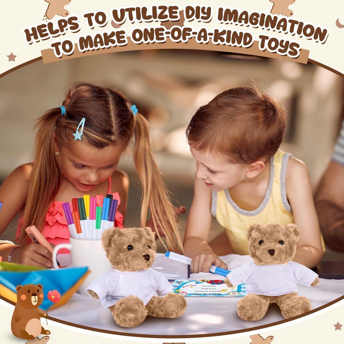 Blueweenly 20 Pcs 5 Set Graduation Make Your Own Stuffed Animal Teddy Bear Kit Including 5 9.84 Inches Velvet Animal with T Shirts and Markers for Graduates DIY Craft Gift(Khaki,Bear)