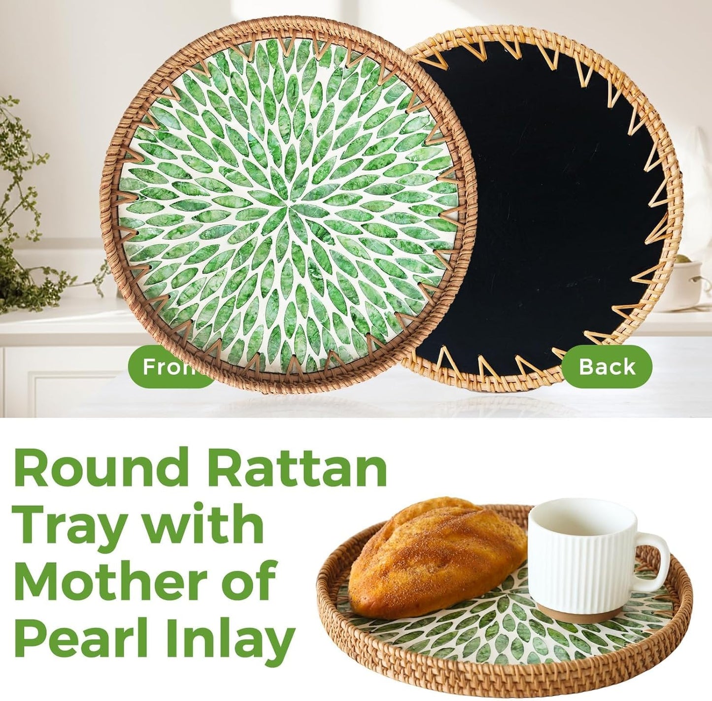 Round Rattan Tray with Mother of Pearl Inlay, Wicker Serving Tray Mother for Decor, Rattan Round Wicker Coffee Table