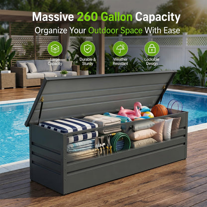 Zolyndo 260 Gallon Waterproof Metal Deck Box, Extra Large Outdoor Storage Box with Hydraulic Lid for Outside Patio, Cushions, Garden Tools, Pool Supplies (Black)
