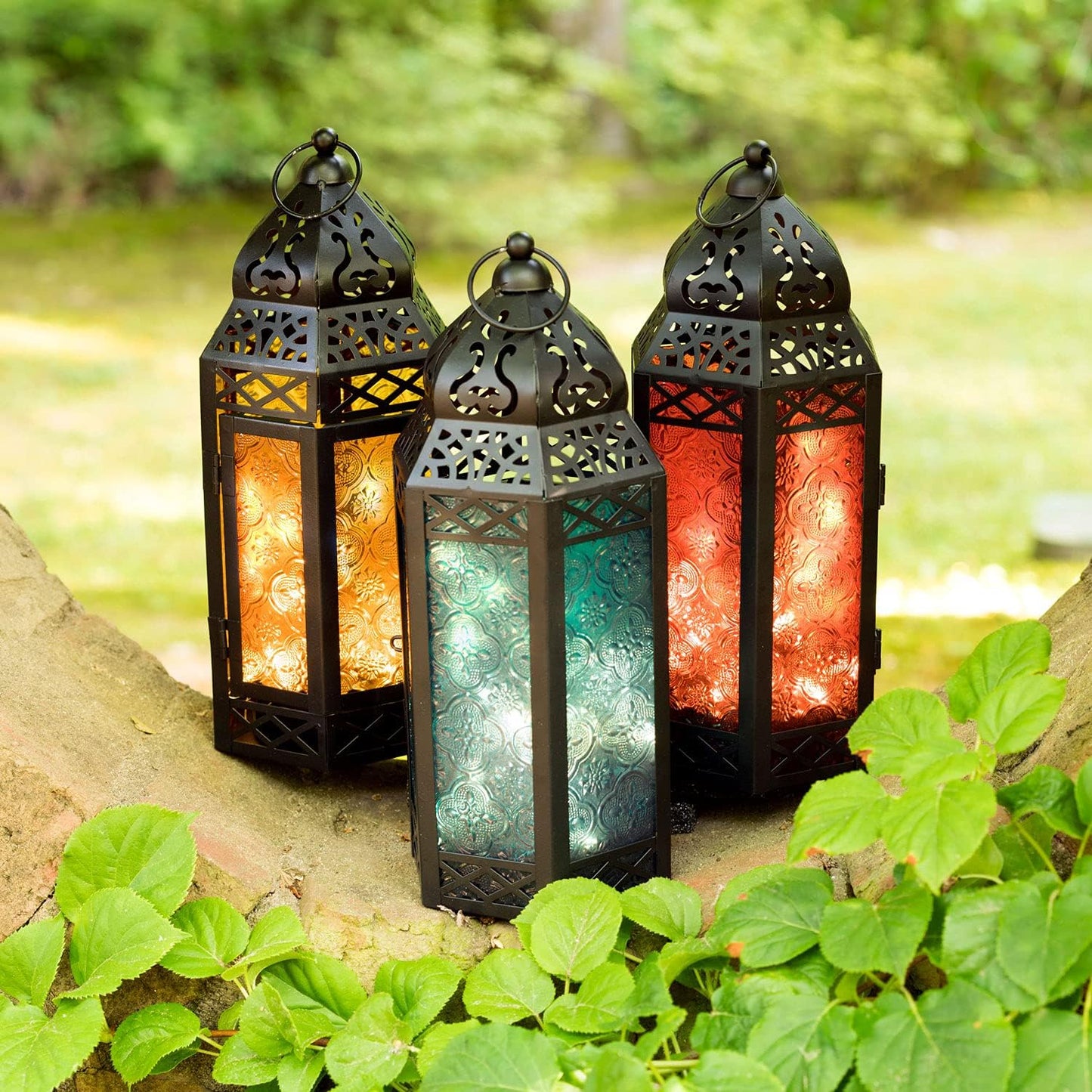 LampLust Moroccan Lantern with Lights - 11 Inch Decorative Indoor Lantern with LED Fairy Lights, Black Metal & Red Glass