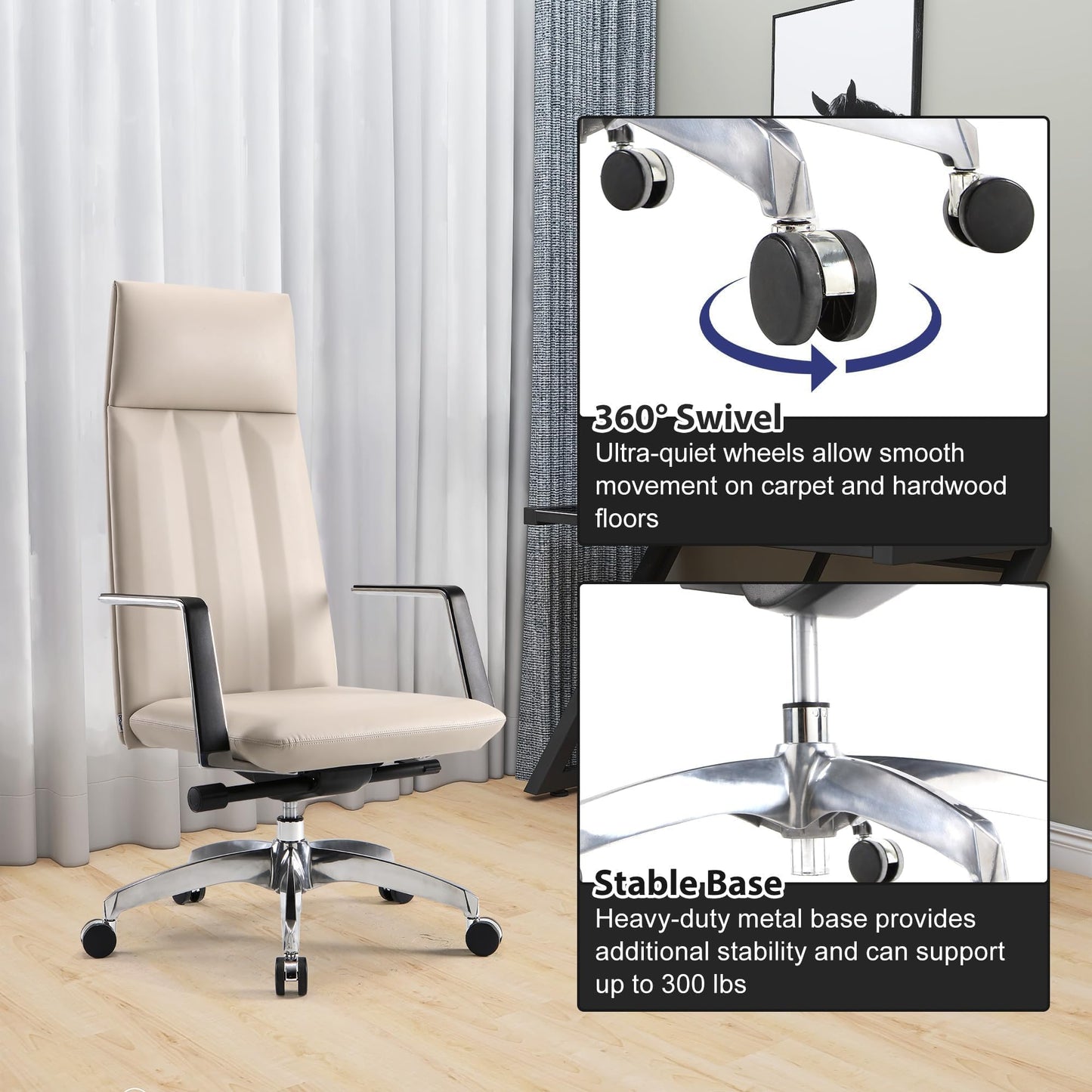 Ergonomic High Back Office Chair, Big and Tall Office Desk Chairs with Adjustable Height and Tilt Angle, Mid Century Modern Computer Desk Chair, Leather Executive Chair for Home Office(Khaki)