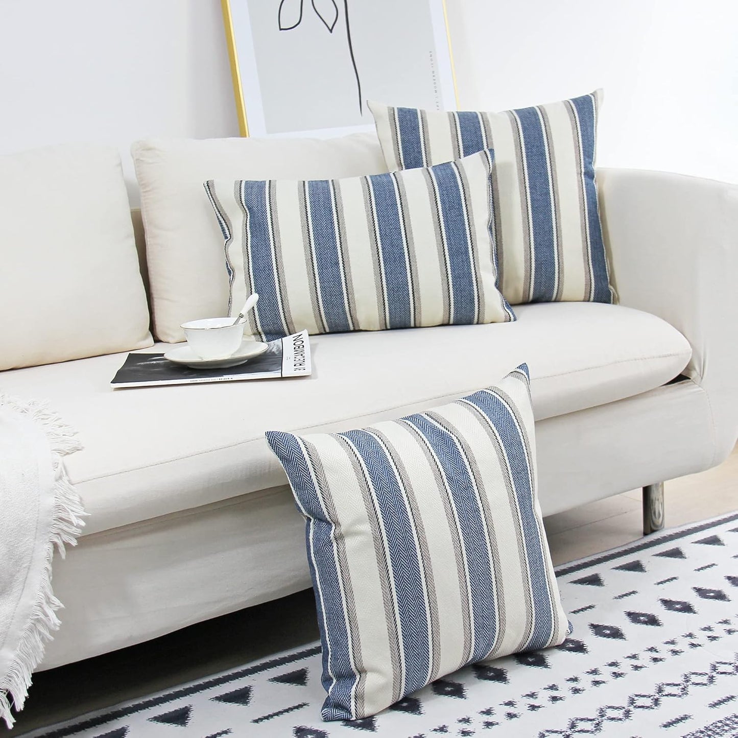 JOJUSIS Farmhouse Stripe Throw Pillow Covers, Pack of 2, 20 x 20 Inch, Blue