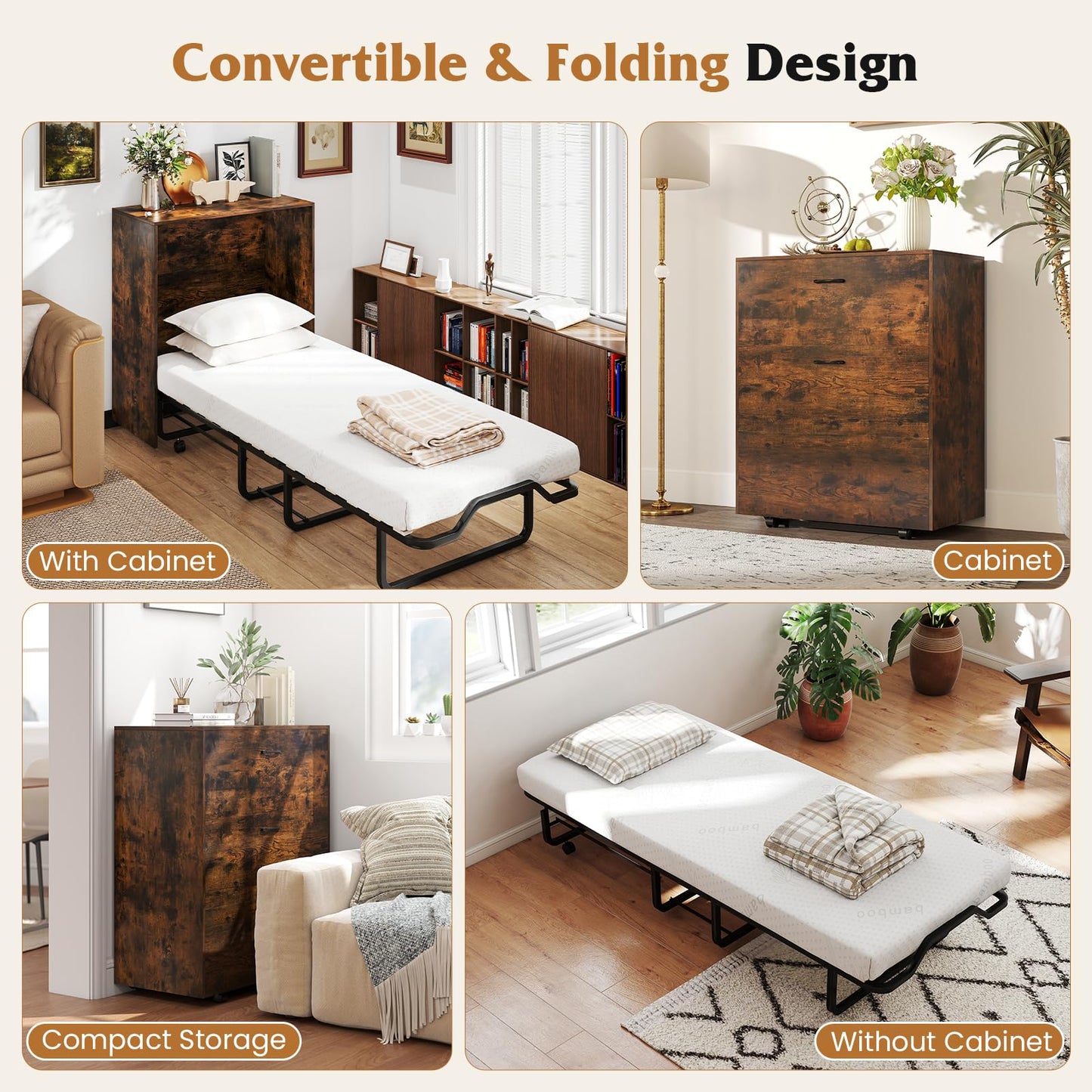 Giantex Murphy Bed Cabinet with Mattress Included, 74" x 31" Cot Size Fold Out Bed with Storage & Lockable Wheels, Metal Frame, 2 in 1 Roll Away Bed with Mattresses for Adults Guests