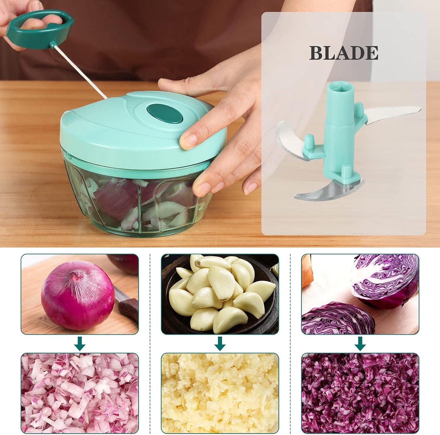 Cambom Manual Food Chopper, Hand String Vegetable Cutter for Onions, BPA Free, 550ml Blue