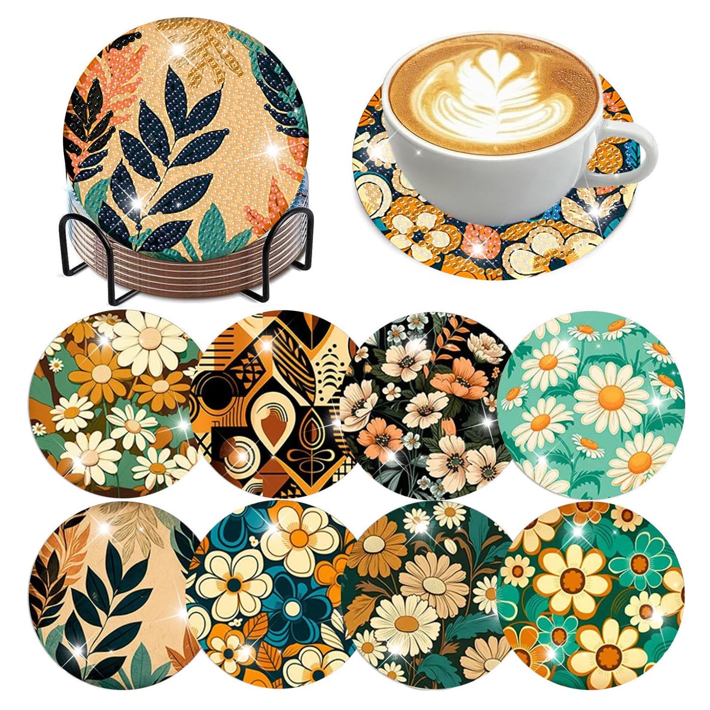 Reivworl 8 Pcs Flowers Diamond Art Coasters Kits, Flowers Diamond Art Kits for Adults, 5D Diamond Painting Coasters (4x4 Inch, with Holder Cork Pads)