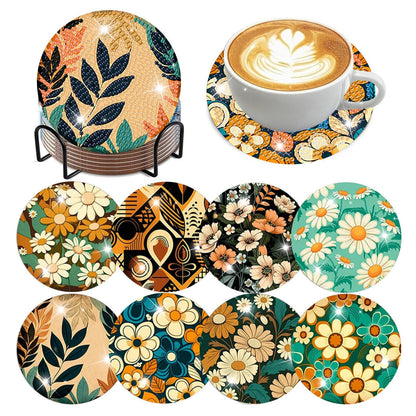 Reivworl 8 Pcs Flowers Diamond Art Coasters Kits, Flowers Diamond Art Kits for Adults, 5D Diamond Painting Coasters (4x4 Inch, with Holder Cork Pads)