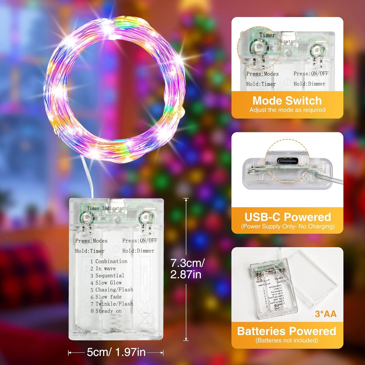 16FT 50 8 LED Fairy Lights Battery Operated with Timer, Modes USB Mini Twinkle Light, Small String Lights for Christmas