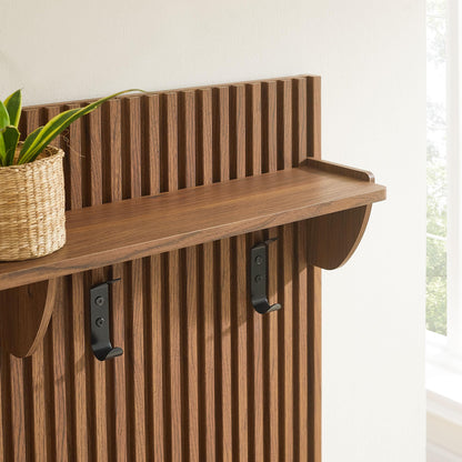 Modway Soma 3-in-1 Hall Tree in Walnut with Rattan Storage Bench and Fluted Coat Rack – 2-Piece Entryway Storage Set with Hooks, Shelf, and Bench