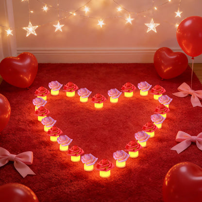YBB 24 Pack Artificial Rose Tea Light, Valentine's Day Rose Petals Flameless LED Candle Lights for Romantic Night Anniversary Wedding Party Decor