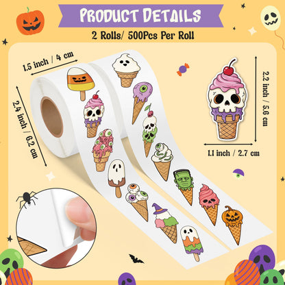 5wsech Spooky Ice Cream Roll Stickers for Kids- 1000Pcs Hawaii Fantasy Skull Vinyl Decals, Cute Halloween in Summer Ghost Decorative Stickers for Students Rewards Party Birthday Gifts Laptop Guitar