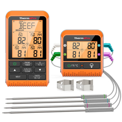 ThermoPro TP829 1000ft Wireless Meat Thermometer Digital for Grilling and Smoking, 4 Meat Probes Grill Thermometer for Outside Grill, BBQ Thermometer for Cooking Beef Turkey Smoker Accessories