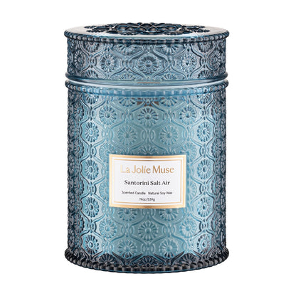 LA JOLIE MUSE Santorini Salt Air Candle - Bergamot, Sea Daffodil, Sandalwood | 19 oz Large Wooden Wick Candle | Natural Soy Wax | 90 Hours Clean Burn | Ocean Scented Candle