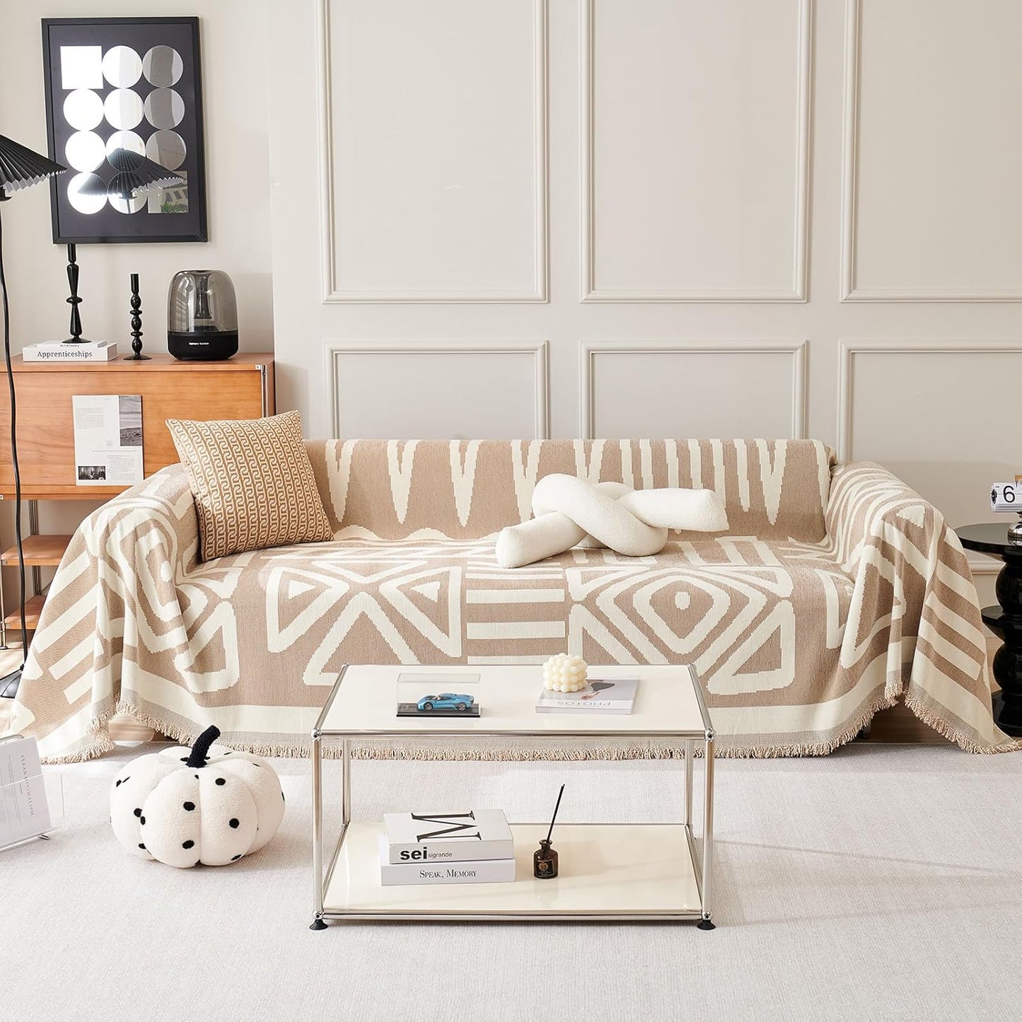 71"x91", 1 VClife Bohemian Aztec Accent Chair Cover Beige White Geometric Tribal Chenille Armchair Slipcover Reversible