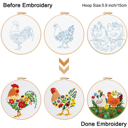 Louise Maelys 3 Sets Chicken Embroidery Kits for Beginners,Cross Stitch Kit for Adults,Art Craft Starters Needlepoint with Rooster,Hen and Farm Lawn Pattern and Tool