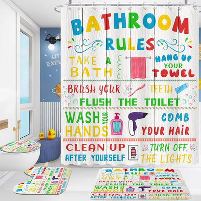 4 Pcs Kids Shower Curtain Sets, Funny Teen Boy Girl Bathroom Sets with Non-Slip Rugs and Accessories, Cute Colorful Bathroom Rules Fabric Toilet Lid Cover and Bath Mat, Shower Curtain with 12 Hooks.
