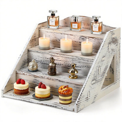 Jetec 4 Tier Wood Cupcake Display Stands Retail Wooden Craft Fair Display Riser Rustic Dessert Holder Rack Soap Stand for Craft Show Baby Shower Cupcakes Candy Wedding Party(Retro White)