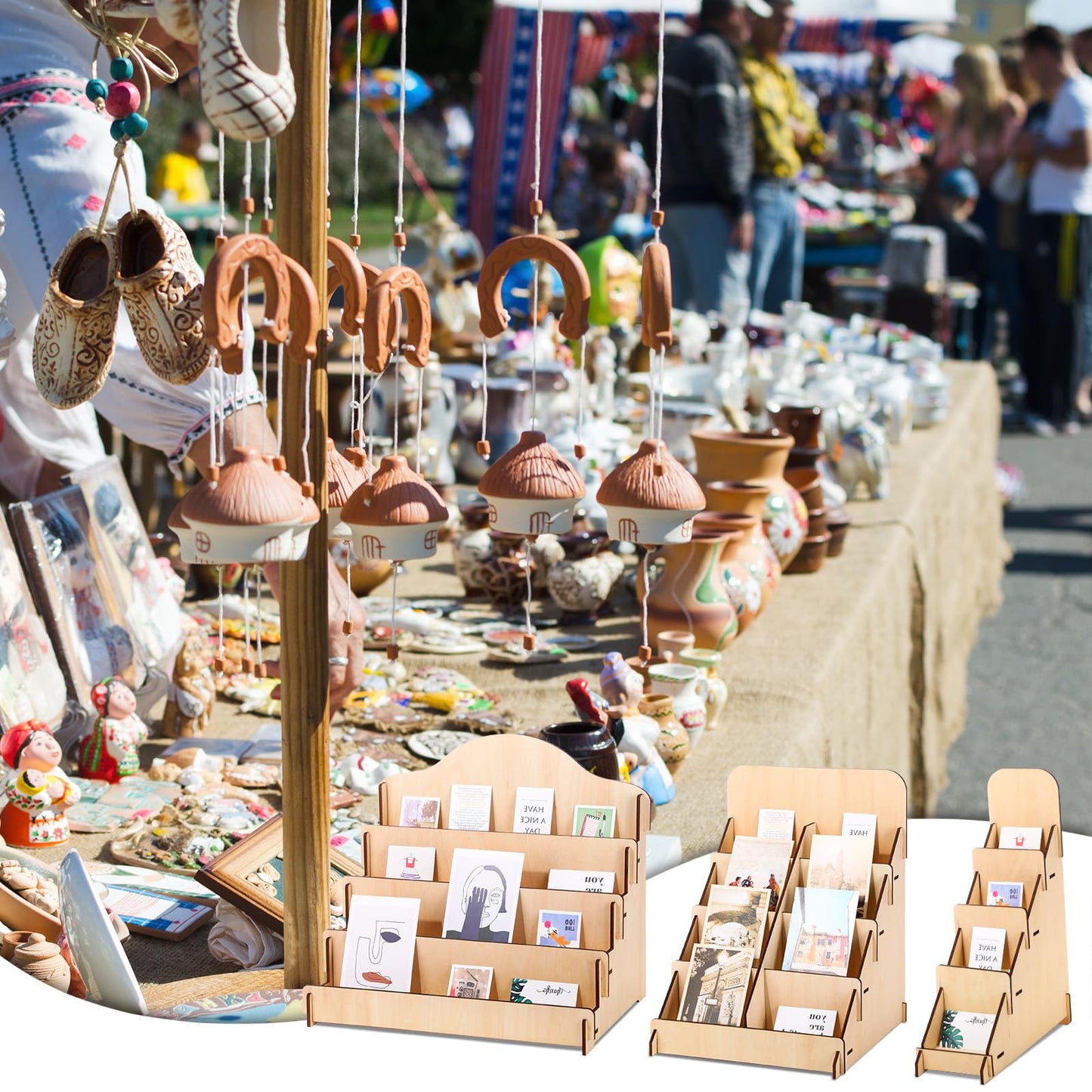 Wonderjune 3 Pcs 4 Tiered Greeting Card Display Stand Sticker Display Stand for Vendors Wooden Collector Card Rack Wood Holder for Postcard Photos Bookmark Trade Shows Retail Counter, 3 Sizes(Brown)