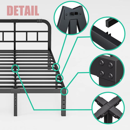 ZIYOO Queen Size Bed Frame - Heavy Duty Steel Slats, 1500LBS Support, Noise-Free, Easy Assembly | Black