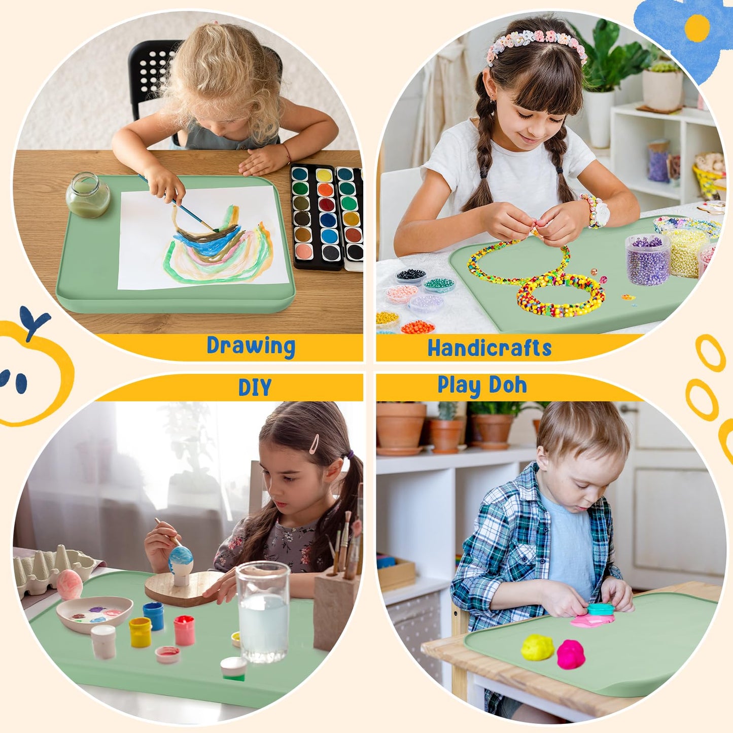 Silicone Art Mat for Crafts, 19.7" x 15.7" Painting Mat for Kids with Raised Sides, Non-Slip Surface for Resin, Clay, Play Doh, Jewelry Making DIY Arts & Crafts Creation (Green)