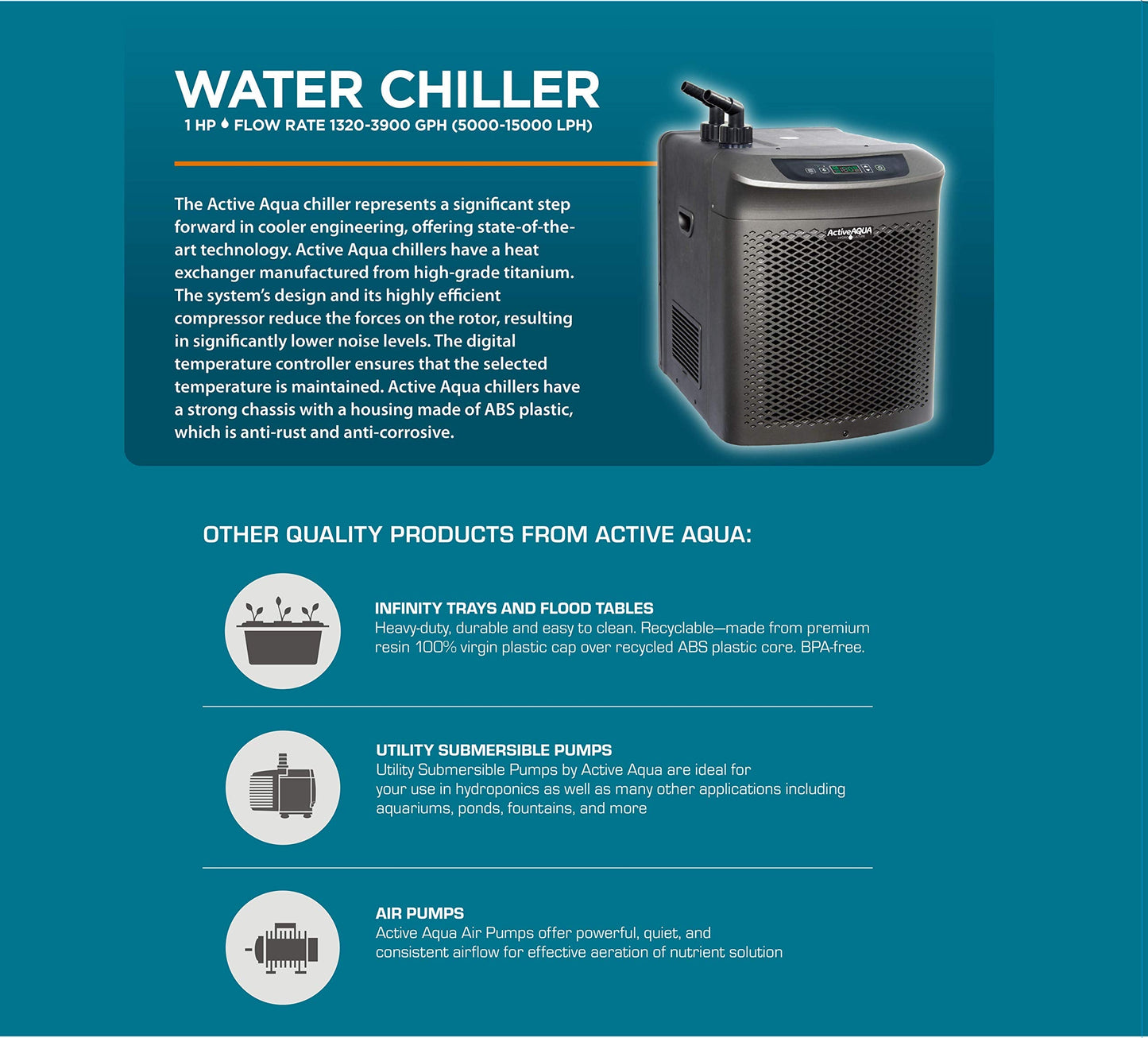 Active Aqua 0.5 HP Water Chiller with Boost | Cold Plunge & Ice Bath Cooler | Rapid Digital Temp Control | Fresh & Salt Water, Hydroponics, Aquariums | 90–172 Gal (1 HP)
