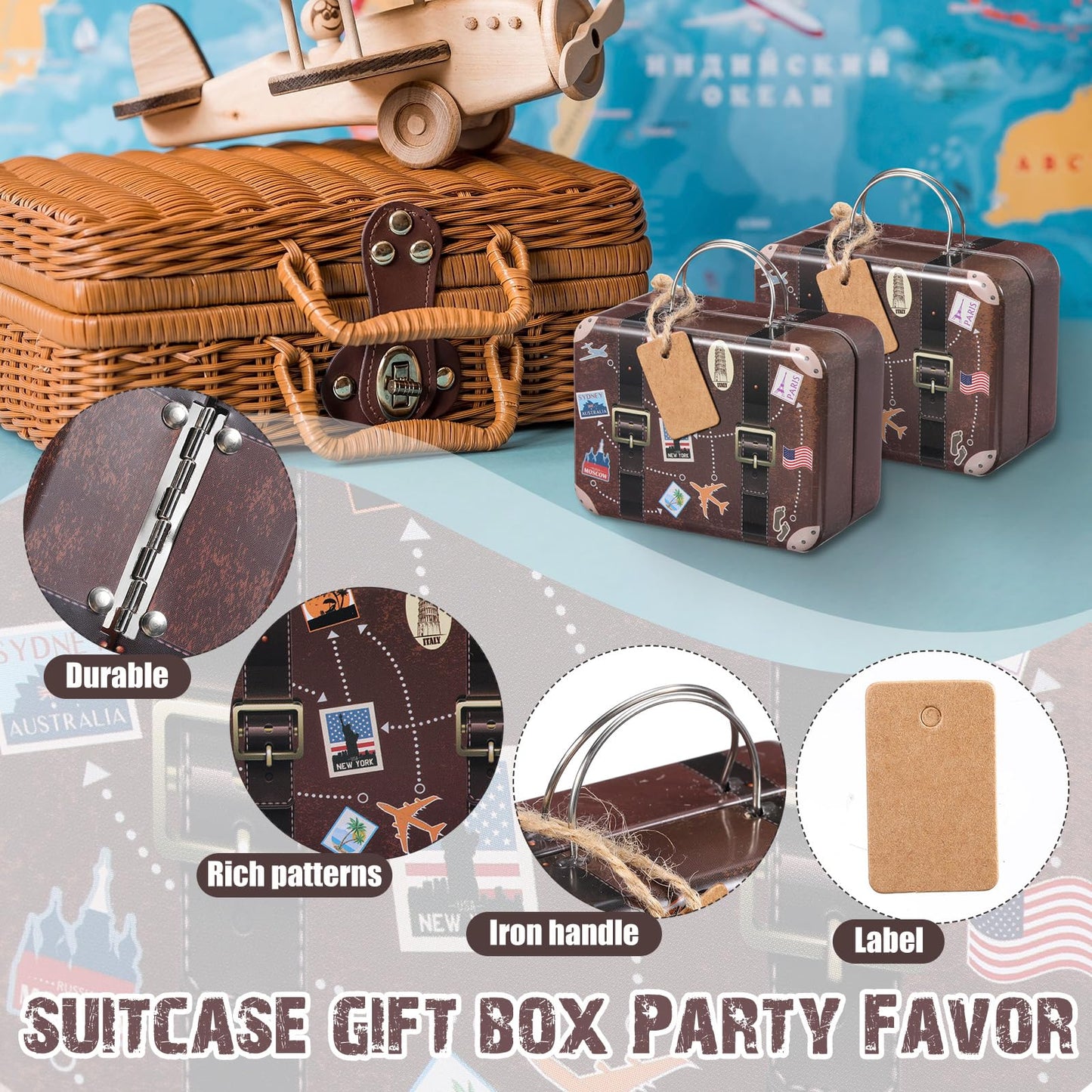RimCereal 24 Pieces Mini Suitcase Party Favor Boxes Mini Luggage Gift Suitbox Small Travel Candy Tin Suitcase with Handle, Label and Twine for Travel Themed Party Bridal Shower Wedding Decoration