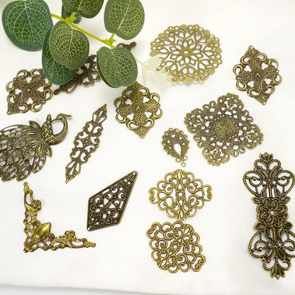 Mililanyo 120 Pieces Antique Bronze Filigree Charms Mixed Tibetan Metal Pendant Links Iron On for Jewelry Making Choker Earring DIY Accessories