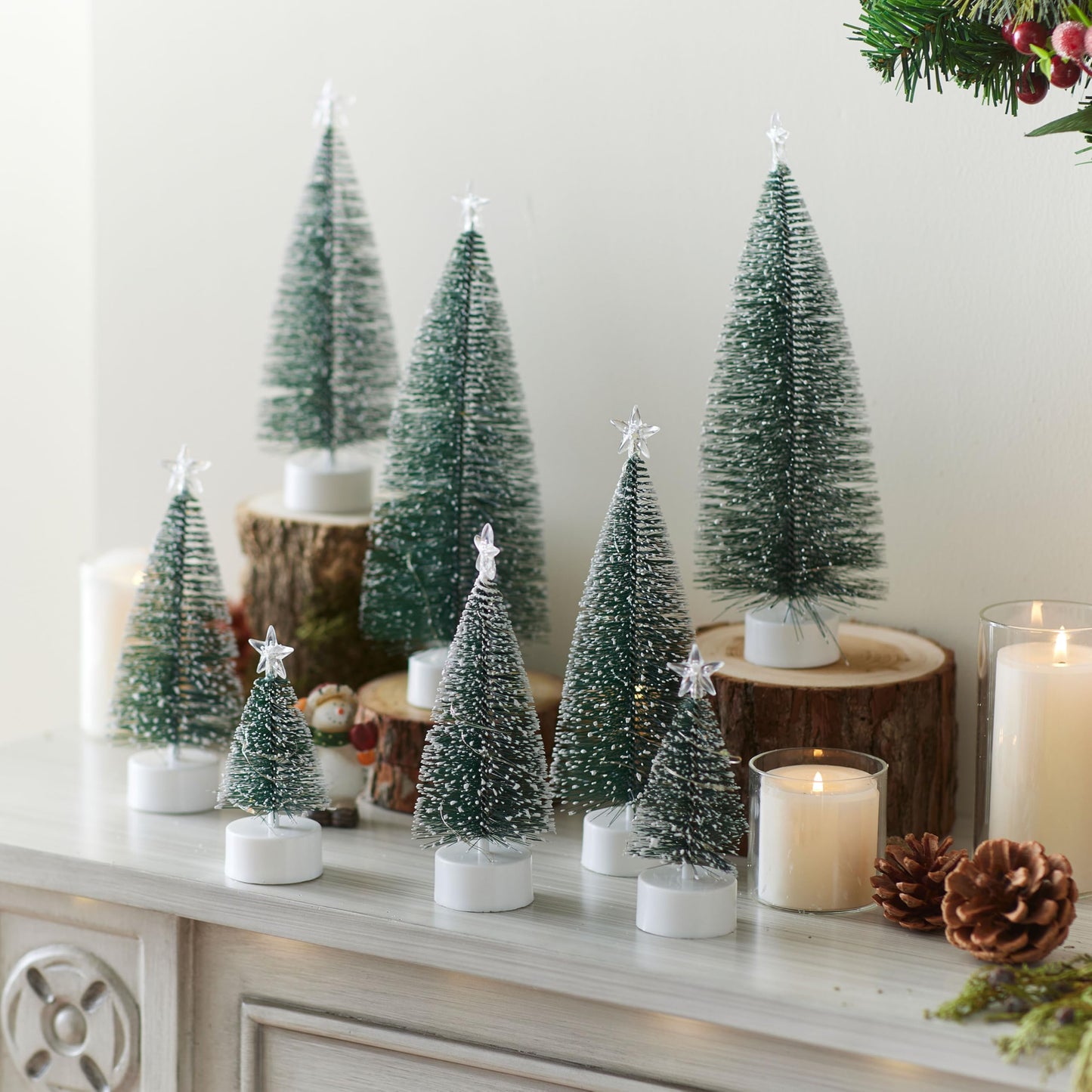 JOYIN 8 Pcs Mini Xmas Tree with LED Lights, Prelit Classic Small Christmas Decor in 4 Sizes with Star Topper, Tabletop Artificial Tree with Snow for Xmas Indoor Home Decor Holiday Festive (Green)