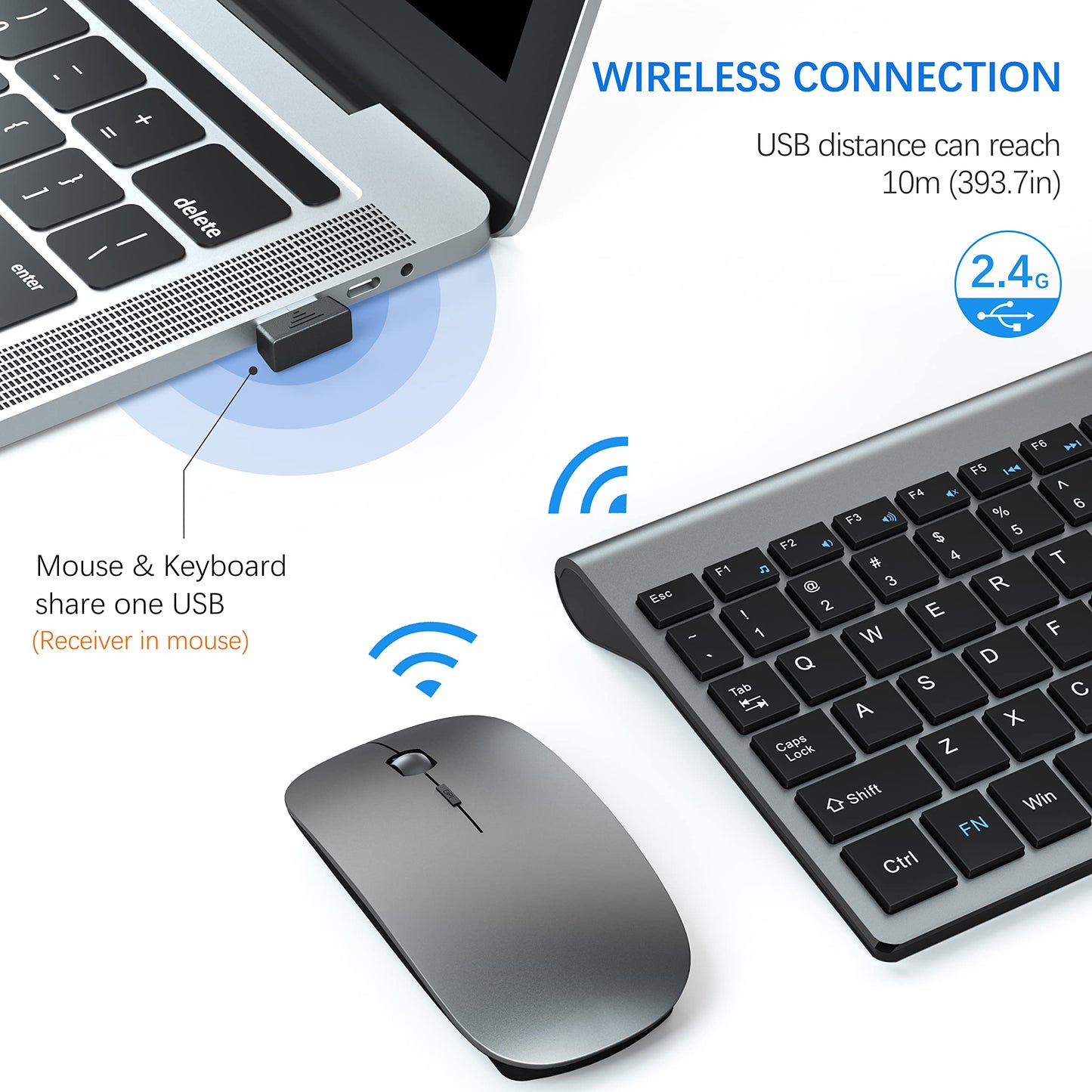 Wireless Keyboard and Mouse Ultra Slim Combo, TopMate 2.4G Silent Compact USB 2400DPI Mouse and Scissor Switch Keyboard Set with Cover, Batteries Included, for PC/Laptop/Windows/Mac - Gray Black