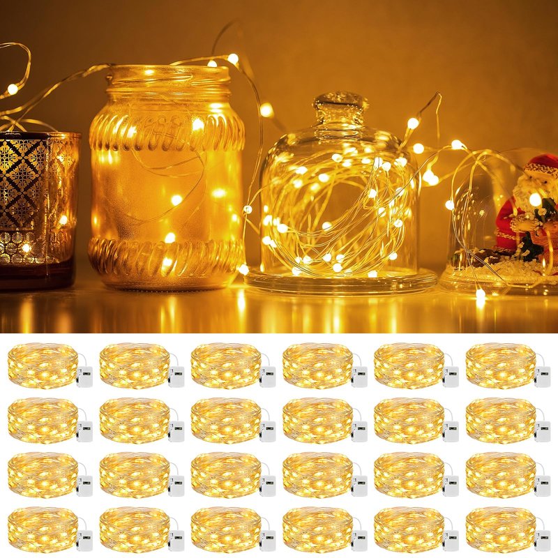 litogo 24 Pack 7FT 20 LED Fairy Lights Battery Operated, 3 Lighting Modes, Bulk Mini Twinkle String Lights Waterproof Silver Wire for Weddings Mason Jars Party Christmas Decorations-Warm White