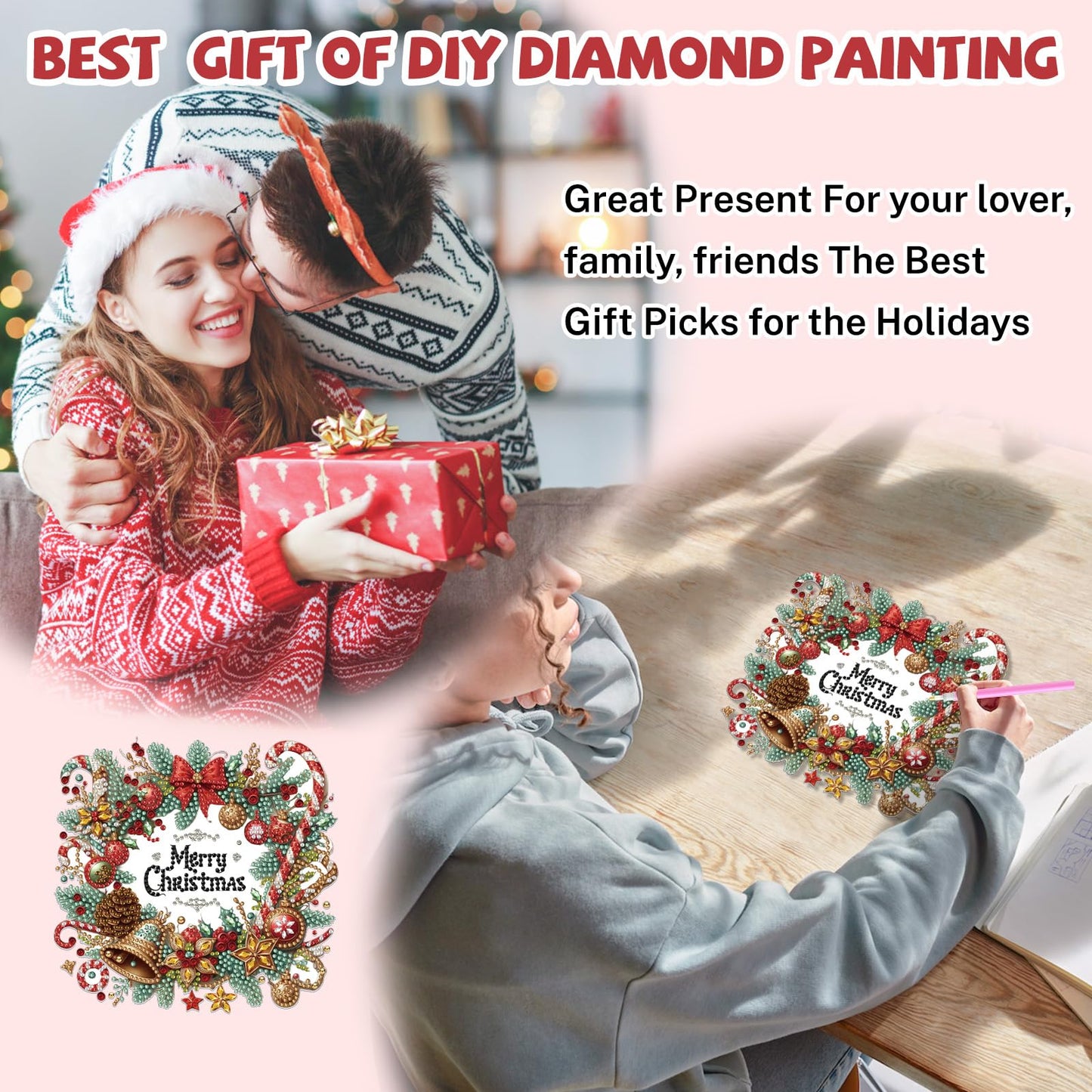 Bowetile Merry Christmas Diamond Art Hanging Wreath Kits for Adults, Diamond Art Suncatchers, 5D Special Shape Diamond Painting Pendant Window Ornament Christmas Gifts for Home Door Wall Decor