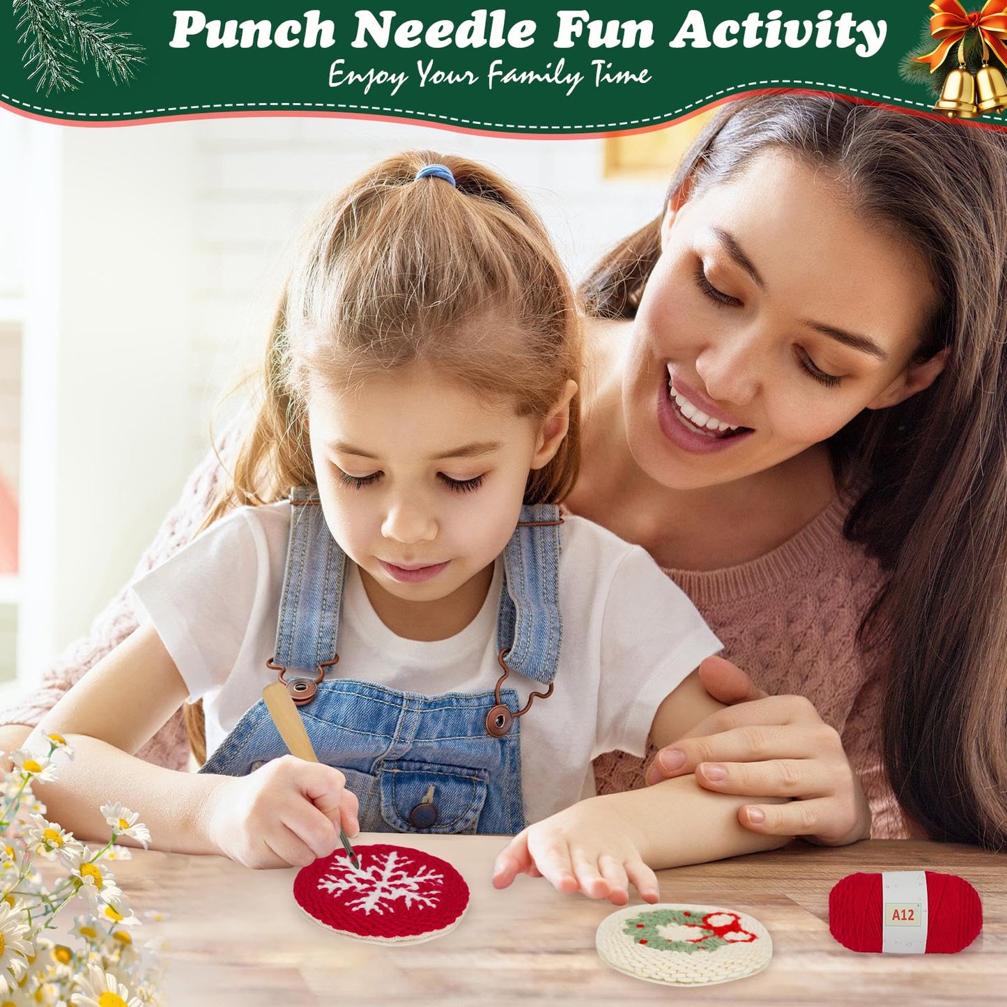 UHAPEER 6PCS Christmas Punch Needle Kit, Punch Needle Embroidery Kit Coaster Kit for Beginners Adults Kids, with Instruction & Video Tutorial, Yarns, Hoop, Coaster Holder, Christmas Craft Art Gift
