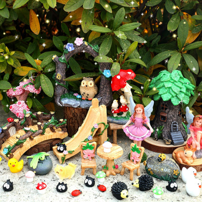 44 Pcs Fairy Garden Kit Miniature Fairy Garden House Accessories with Resin Elves Animal Plant Furniture Tiny Figurines Decor, Enchanted Spring Micro Landscape Ornaments for DIY Dollhouse Terrarium