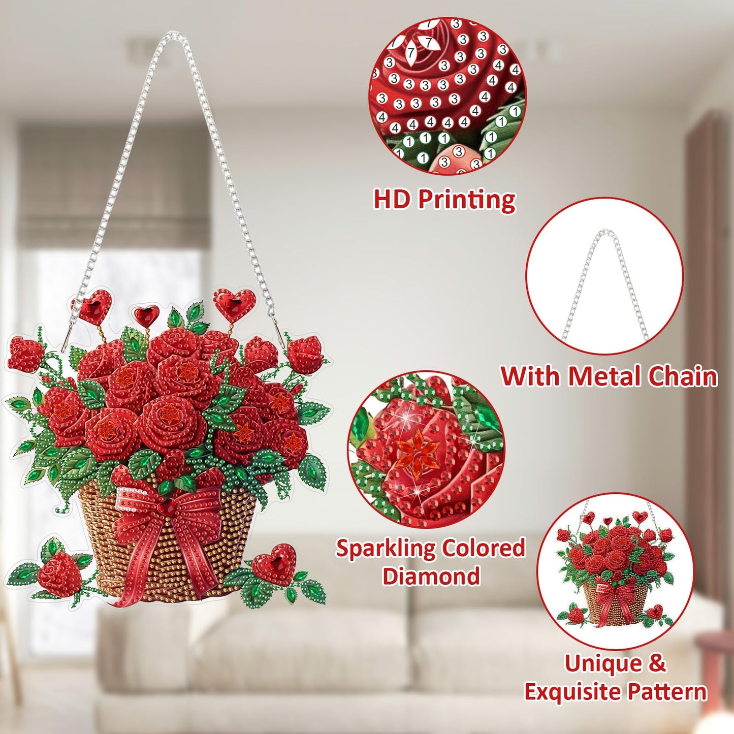 SENQAO Flower Diamond Art Hanging Kits for Adults Kids, Diamond Art Suncatchers Bouquet, 5D Special Shaped Crystal Diamond Painting Kit Valentine's Day, Window Pendant Gem Art Kit for Home Wall Decor