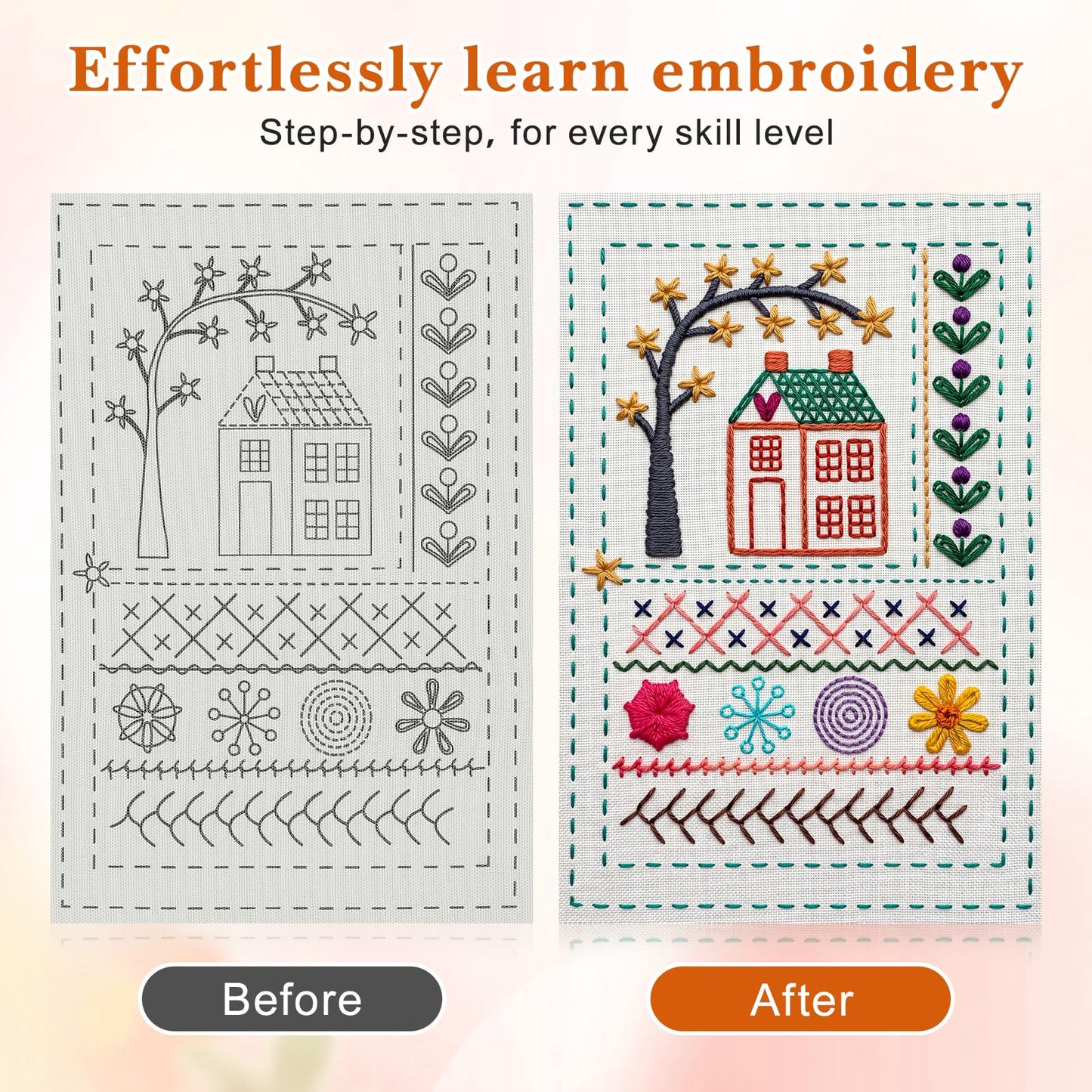 Tofficu Upgraded Embroidery Stitch Book Kit - Beginner Cross Stitch Kit with 6-Ring Binder, 180 Patterns, 24-Color Threads & Tools, All-in-One Embroidery Starter Practice Book for Adults DIY Craft