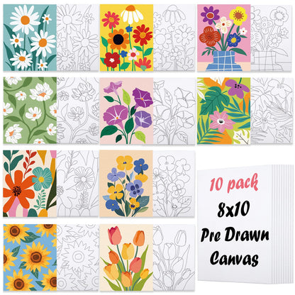 Nuberlic 10 Packs 8X10 Pre Drawn Canvas for Painting Floral Pre Printed Canvas Painting Kit Vibrant Botanical Pre Drawn Canvas to Teens Night Party Supplies